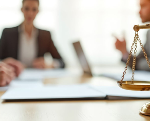 Lawyers discuss contract papers at office desk. Brass scale foreground justice legal services. Law concept with team, legislation, legal advice, business meeting, finance, courtroom, justice.