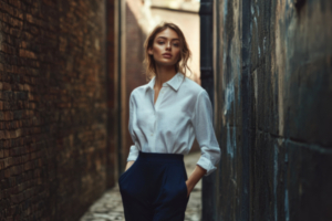 A young woman in a white shirt and dark pants stands
