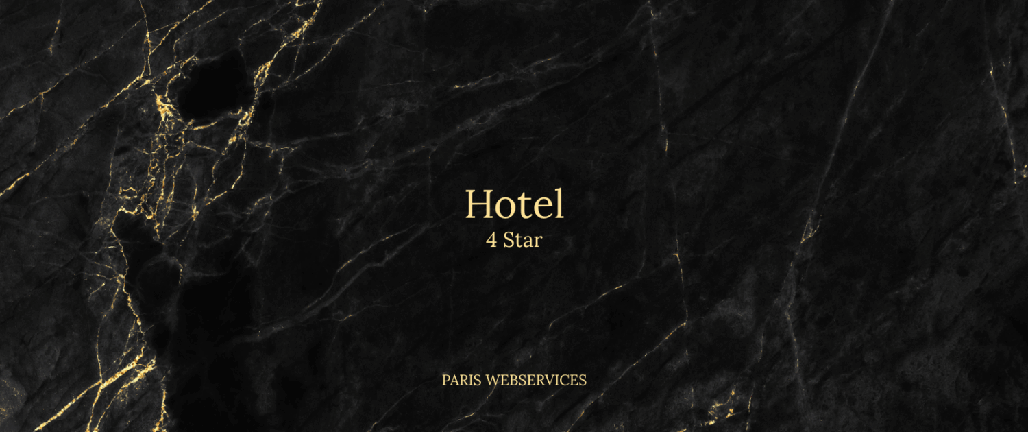 Luxurious black marble background with golden veins, featuring the word Hotel in large gold serif font, 4 Star below it, and PARIS WEBSERVICES at the bottom, creating an elegant and modern