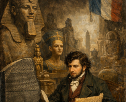 AI-generated historical scene of Jean-François Champollion studying Egyptian inscriptions at a desk, surrounded by statues, papyrus sheets, and the Rosetta Stone, with ancient monuments and a French flag in the background.