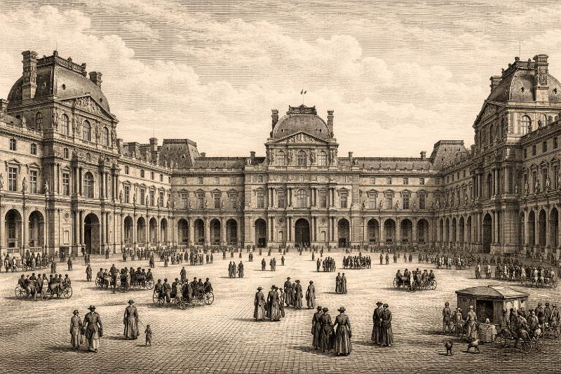 AI-generated engraving-style view of the Louvre courtyard before the Pyramid, showing the historic palace façades, open central square, and scattered visitors crossing the space.