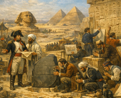 AI-generated scene of Napoleon’s Egyptian campaign. AI-generated historical scene showing Napoleon in Egypt with scholars and local figures studying inscriptions and artifacts, with the Sphinx and pyramids in the background.