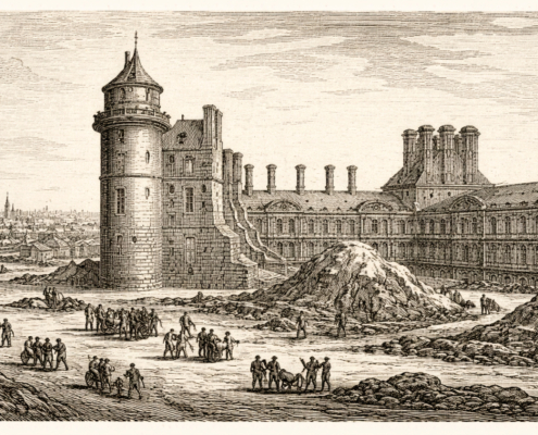 AI-Generated Illustration of the Demolition of the Louvre Keep AI-generated engraving-style image inspired by a historic view of the Louvre, showing a tower, construction works, and part of the palace in black and white