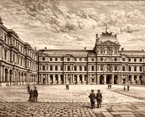 AI-generated engraving of the Cour Carrée at the Louvre AI-generated black-and-white engraving of the Cour Carrée at the Louvre, showing the central courtyard, symmetrical palace façades, and a nineteenth-century print style