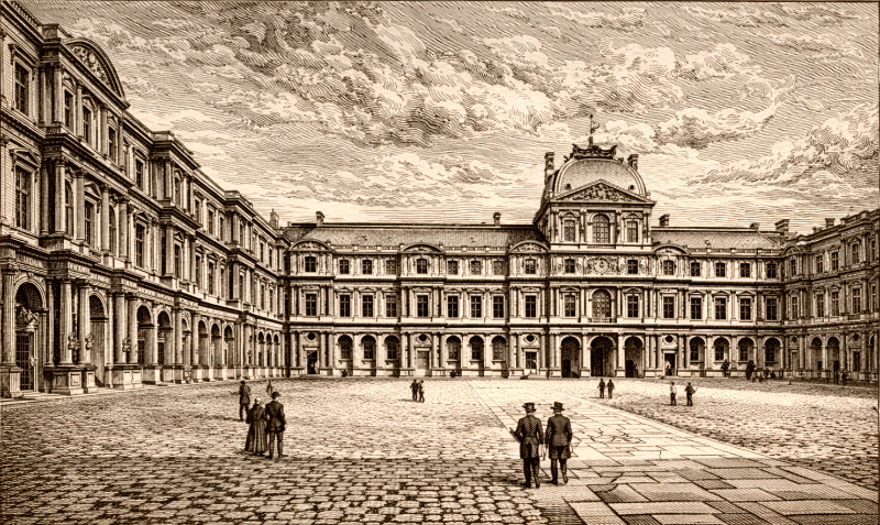 AI-generated black-and-white engraving of the Cour Carrée at the Louvre, showing the central courtyard, symmetrical palace façades, and a nineteenth-century print style
