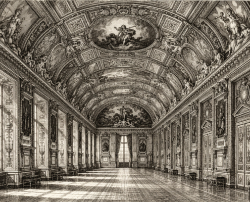 AI-generated black-and-white engraving of the Galerie d’Apollon at the Louvre, showing the long ceremonial gallery, ornate vaulted ceiling, and richly decorated walls