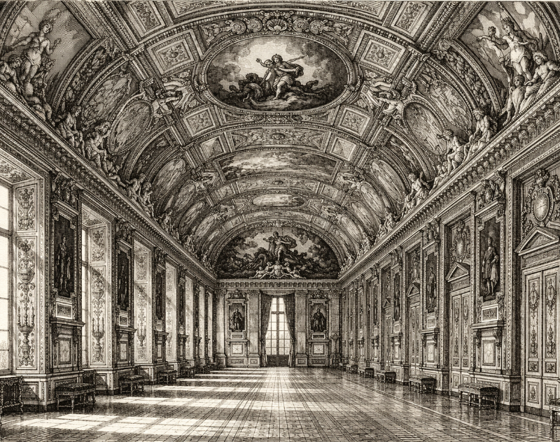 AI-generated black-and-white engraving of the Galerie d’Apollon at the Louvre, showing the long ceremonial gallery, ornate vaulted ceiling, and richly decorated walls