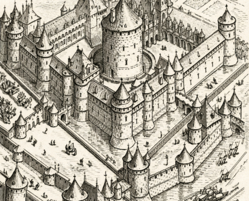 AI-Generated Illustration of the Medieval Louvre Fortress AI-generated engraving-style illustration of the Louvre fortress under Charles V, seen from above, with its central keep, defensive walls, towers, and surrounding moat