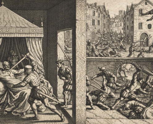 AI-Generated Scene of the St. Bartholomew’s Day Massacre AI-generated historical engraving-style scene of the St. Bartholomew’s Day Massacre, showing a deadly attack inside a curtained bedchamber alongside brutal street violence in a dense medieval city setting, rendered in intricate black-and-white detail.