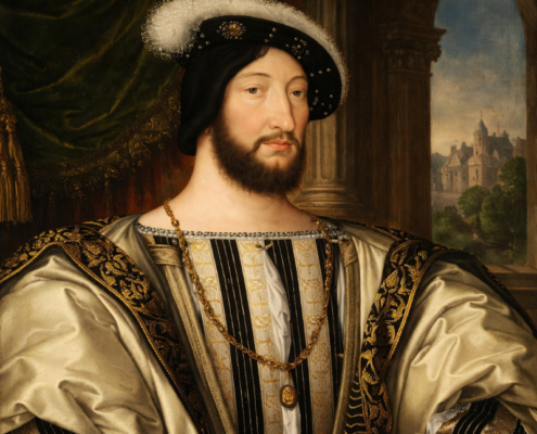 AI-Generated Portrait of Francis I of France AI-generated Renaissance-style portrait inspired by a historic painting of Francis I, showing the French king in rich court dress against a dark interior background