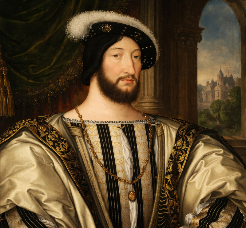 AI-generated Renaissance-style portrait inspired by a historic painting of Francis I, showing the French king in rich court dress against a dark interior background