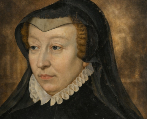 AI-Generated Portrait of Catherine de Medici AI-generated Renaissance-style portrait of Catherine de’ Medici wearing a black mourning veil and delicate white ruff, set against a dark golden background that conveys solemn elegance and royal gravity.