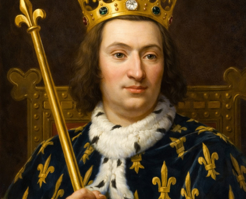 AI-Generated Portrait of Charles V of France AI-generated royal portrait of Charles V of France wearing a crown, holding a scepter, and dressed in a blue fleur-de-lis robe trimmed with ermine