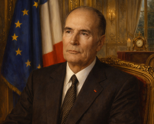 AI-Generated Portrait of François Mitterrand AI-generated formal portrait of François Mitterrand seated in an ornate gilded chair inside a grand French state room, with the French and European flags in the background, warm chandelier lighting, and an elegant presidential atmosphere.