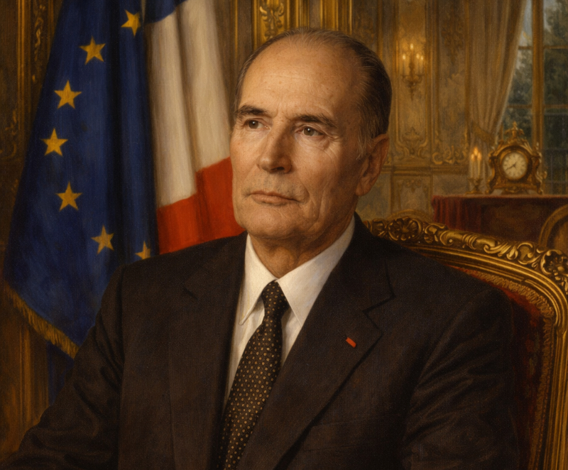 AI-generated formal portrait of François Mitterrand seated in an ornate gilded chair inside a grand French state room, with the French and European flags in the background, warm chandelier lighting, and an elegant presidential atmosphere.