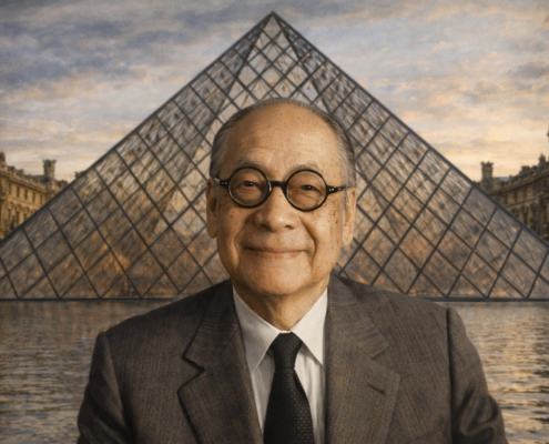 AI-Generated Portrait of Ieoh Ming Pei AI-generated portrait of Ieoh Ming Pei in a classic suit and round glasses, standing before the Louvre Pyramid in Paris at sunset, with elegant reflections and iconic architecture creating a timeless and sophisticated scene.