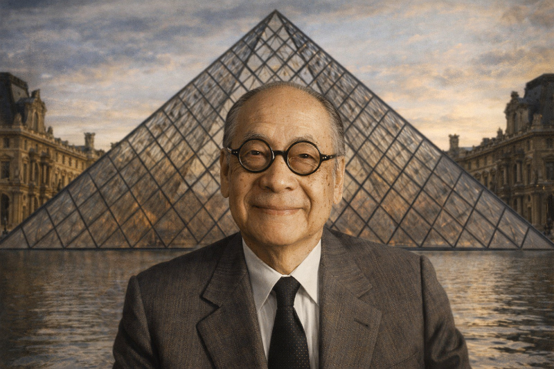 AI-generated portrait of Ieoh Ming Pei in a classic suit and round glasses, standing before the Louvre Pyramid in Paris at sunset, with elegant reflections and iconic architecture creating a timeless and sophisticated scene.