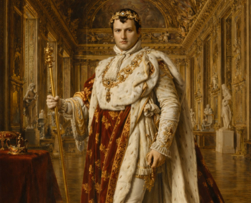 AI-Generated Portrait of Napoleon AI-generated imperial portrait of Napoleon Bonaparte standing in lavish coronation robes with a golden scepter inside an opulent palace hall, surrounded by gilded ceilings, classical statues, and rich royal detail.