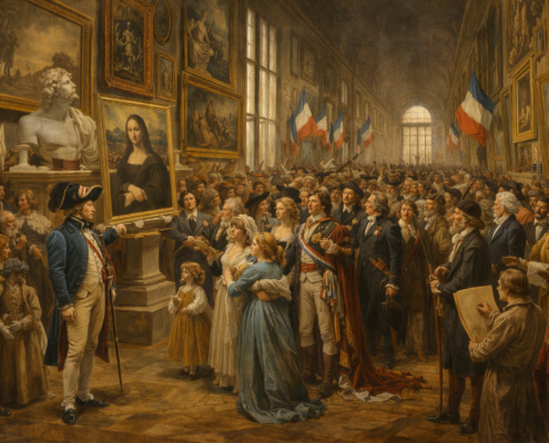 AI-Generated Scene at the Louvre Museum Opening AI-generated grand historical scene inside the Louvre, where a dense crowd in period dress gathers beneath French flags around the Mona Lisa, surrounded by monumental paintings, sculptures, and dramatic golden light in a richly detailed museum interior.