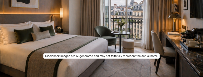 AI-generated luxury Paris hotel room with bed on the left, warm lighting, balcony view, seating area, and elegant modern decor
