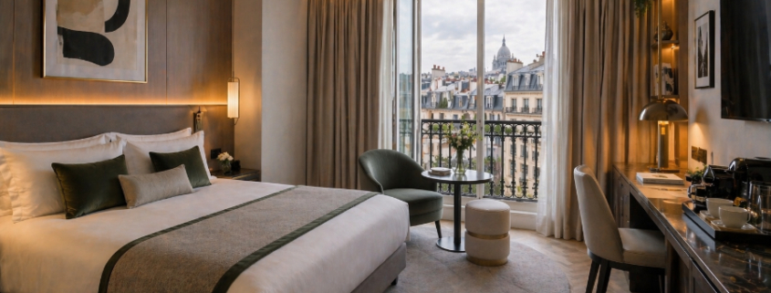AI-generated luxury Paris hotel room with bed on the left, warm lighting, balcony view, seating area, and elegant modern decor