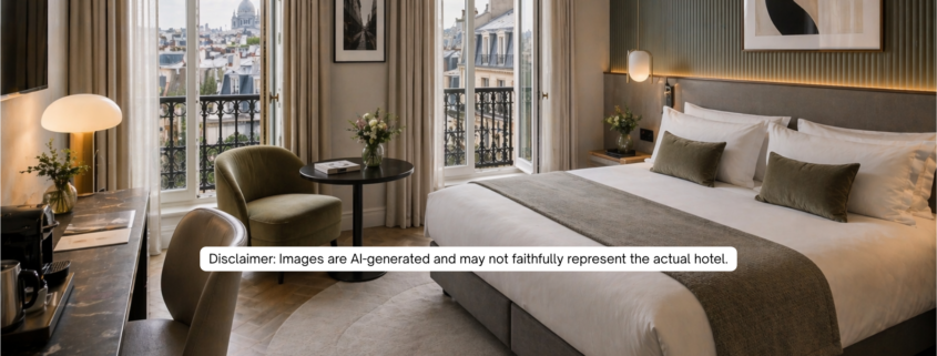 AI-generated luxury Paris hotel room with bed on the right, soft ambient lighting, balcony view, desk area, and elegant contemporary decor