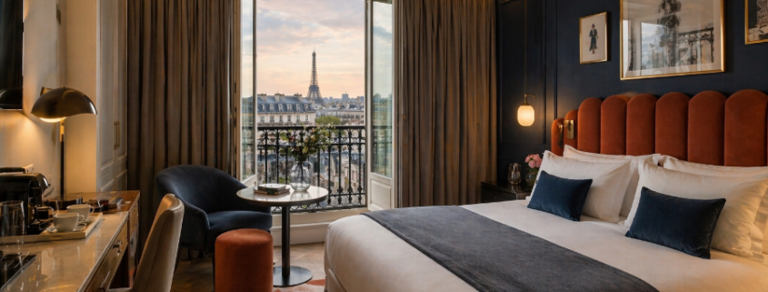 AI-generated luxury Paris hotel room with bed on the right, soft ambient lighting, balcony view, desk area, and elegant contemporary decor