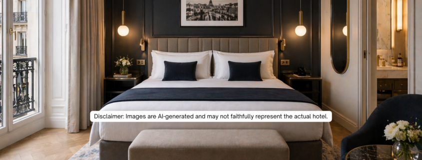 AI-generated luxury Paris hotel room with front-facing bed, elegant dark accent wall, pendant lights, marble bathroom, and balcony window