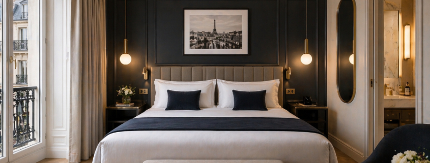 AI-generated luxury Paris hotel room with front-facing bed, elegant dark accent wall, pendant lights, marble bathroom, and balcony window