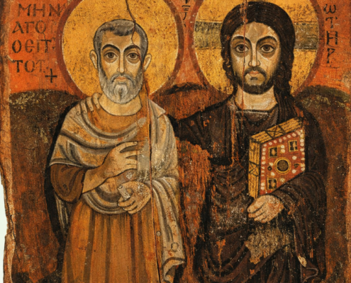 AI-generated view of Christ and Abbot Mena. AI-generated Coptic icon of Christ and Abbot Mena standing side by side with halos, rendered in a frontal style with warm earth tones, worn painted wood, and Coptic inscriptions.