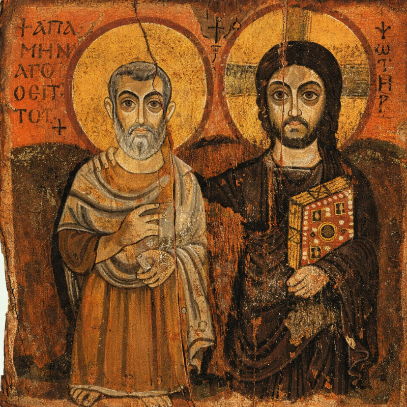 AI-generated Coptic icon of Christ and Abbot Mena standing side by side with halos, rendered in a frontal style with warm earth tones, worn painted wood, and Coptic inscriptions.