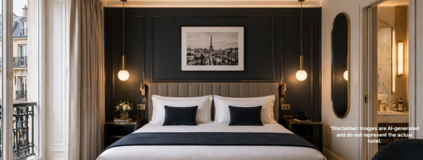 AI-generated hotel room featuring a bed positioned in the center of the photo with elegant decor