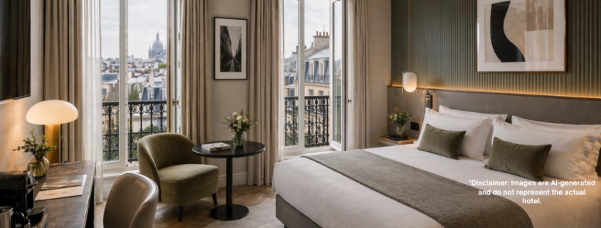 AI-generated luxury Paris hotel room with bed on the right, soft ambient lighting, balcony view, desk area, and elegant contemporary decor