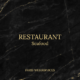 Luxurious black marble background with golden veins, featuring the word RESTAURANT in large gold serif font, Seafood below it, and PARIS WEBSERVICES at the bottom, creating an elegant and modern editorial style.
