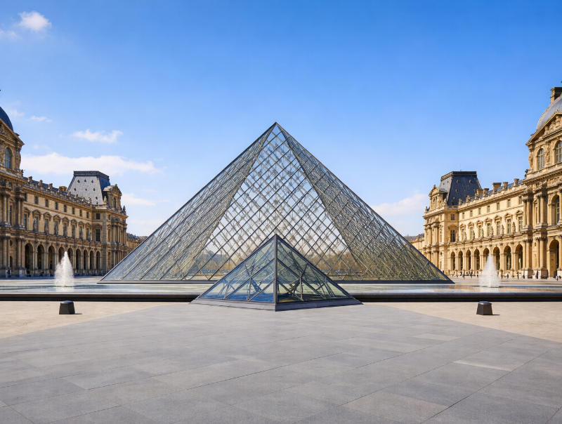 AI-generated front view of the Louvre Pyramid in Cour Napoléon, showing the modern glass structure framed by the historic palace façades under a clear blue sky.
