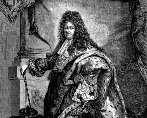 Engraved portrait of Louis XIV in royal dress, shown facing forward in a classical style, image sourced from Adobe Stock