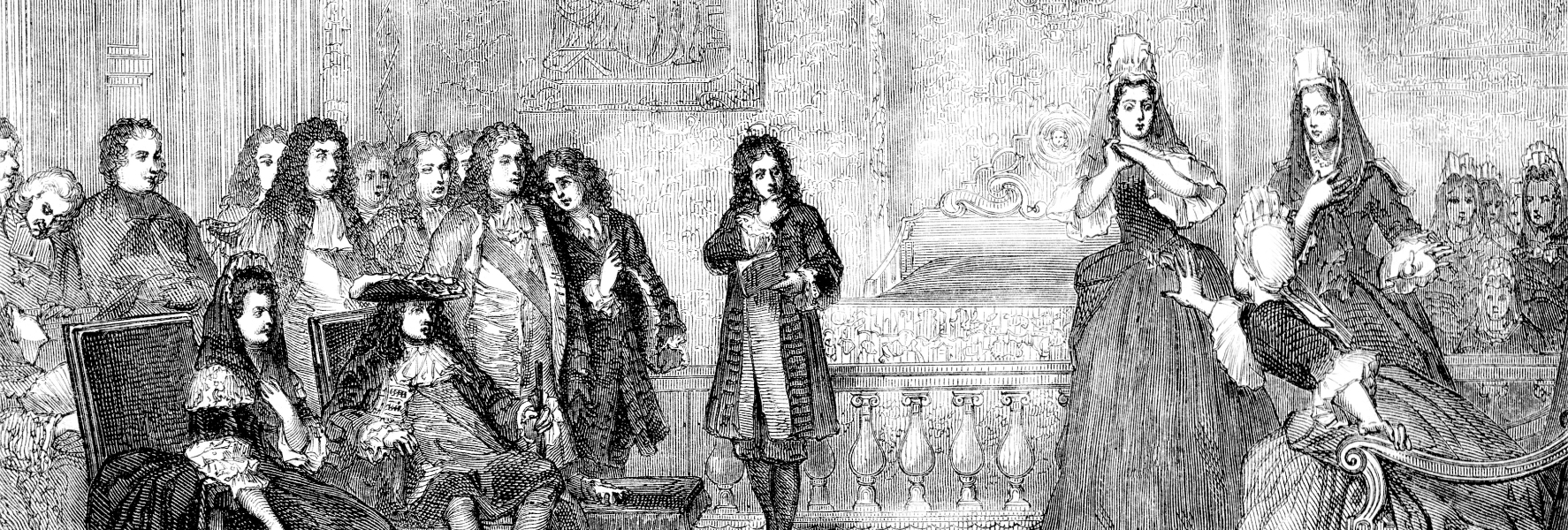 scene-theatre-cour-louis-xiv-gravure An antique engraving showing a theatrical performance at the court of Louis XIV. The king is seated in the foreground with courtiers, while actors perform a scene on a raised platform in front of a decorated canopy bed.