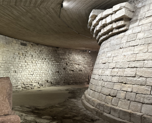 Photograph of the Medieval Louvre Fortress Remains Foundations of the medieval Louvre fortress in the Sully crypt, built under King Philip Augustus in 1190
