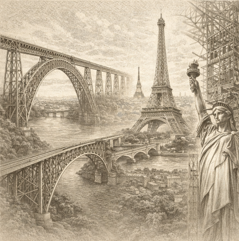 AI-generated square archival engraving-style composition showing iron bridges, the Eiffel Tower, and the Statue of Liberty as part of Gustave Eiffel’s engineering legacy