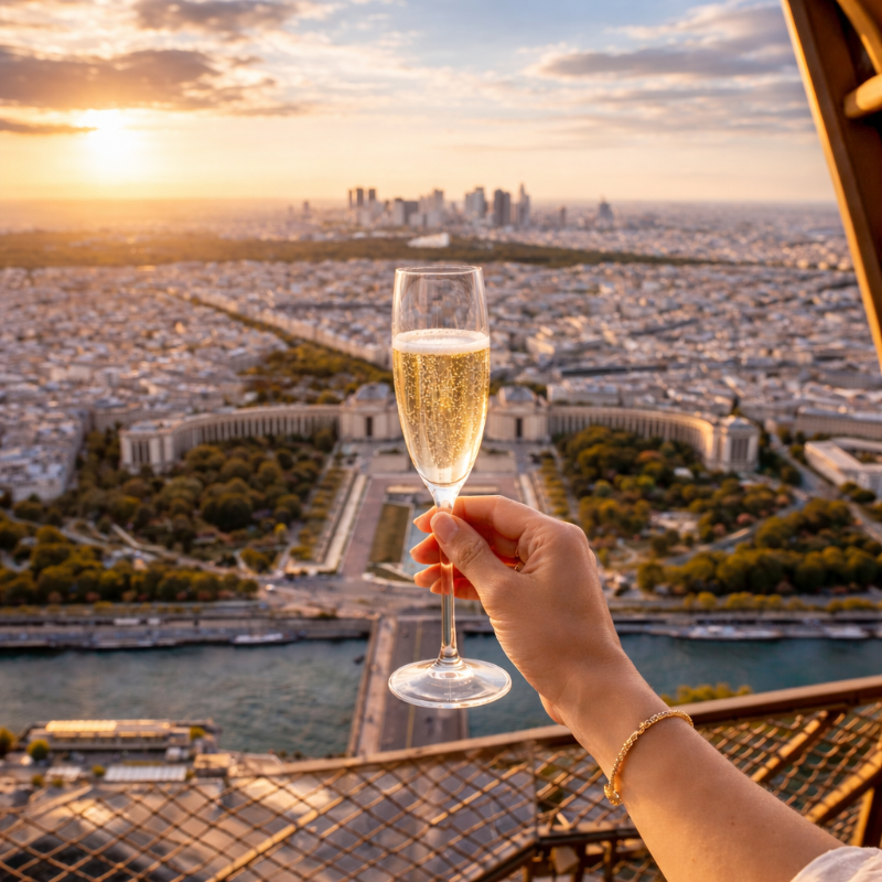 AI-generated square photo of two men holding champagne flutes while overlooking Paris from the Eiffel Tower observation deck