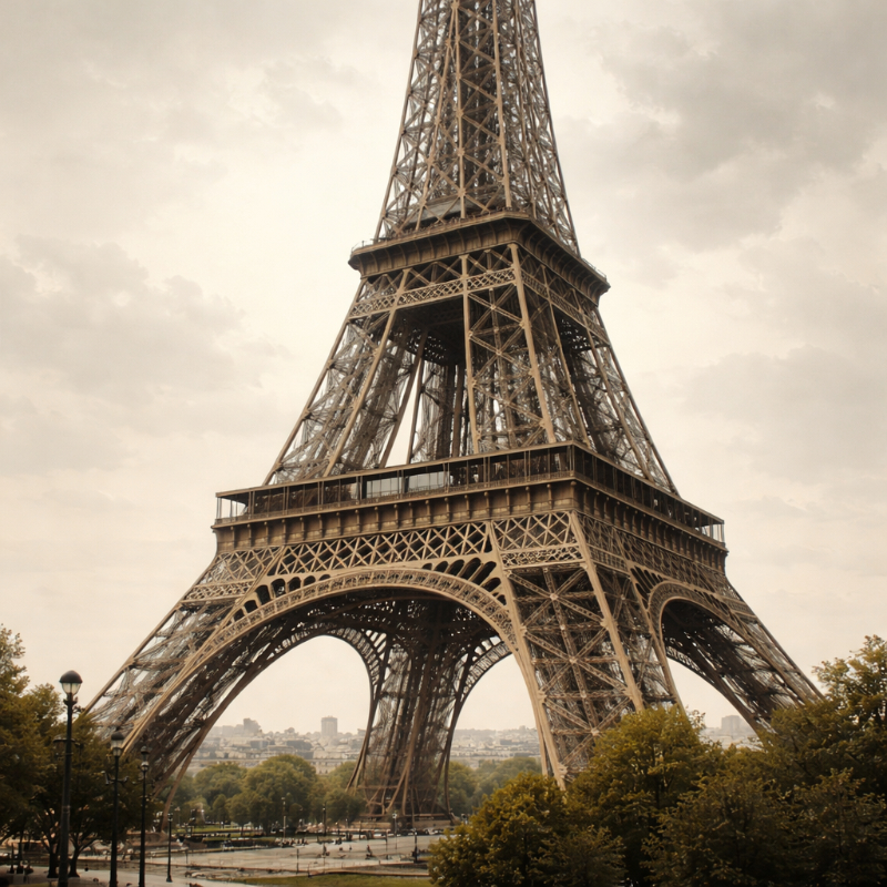 AI-generated square editorial image of the Eiffel Tower from below, highlighting its four legs, curved base, and narrowing iron structure in a way that loosely suggests the shape of a capital A