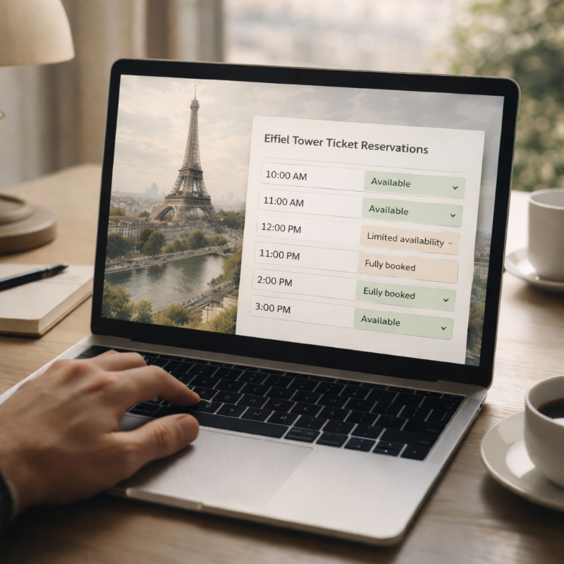AI-generated image of a person planning an Eiffel Tower visit on a laptop, with a booking calendar showing available, limited, and sold-out time slots