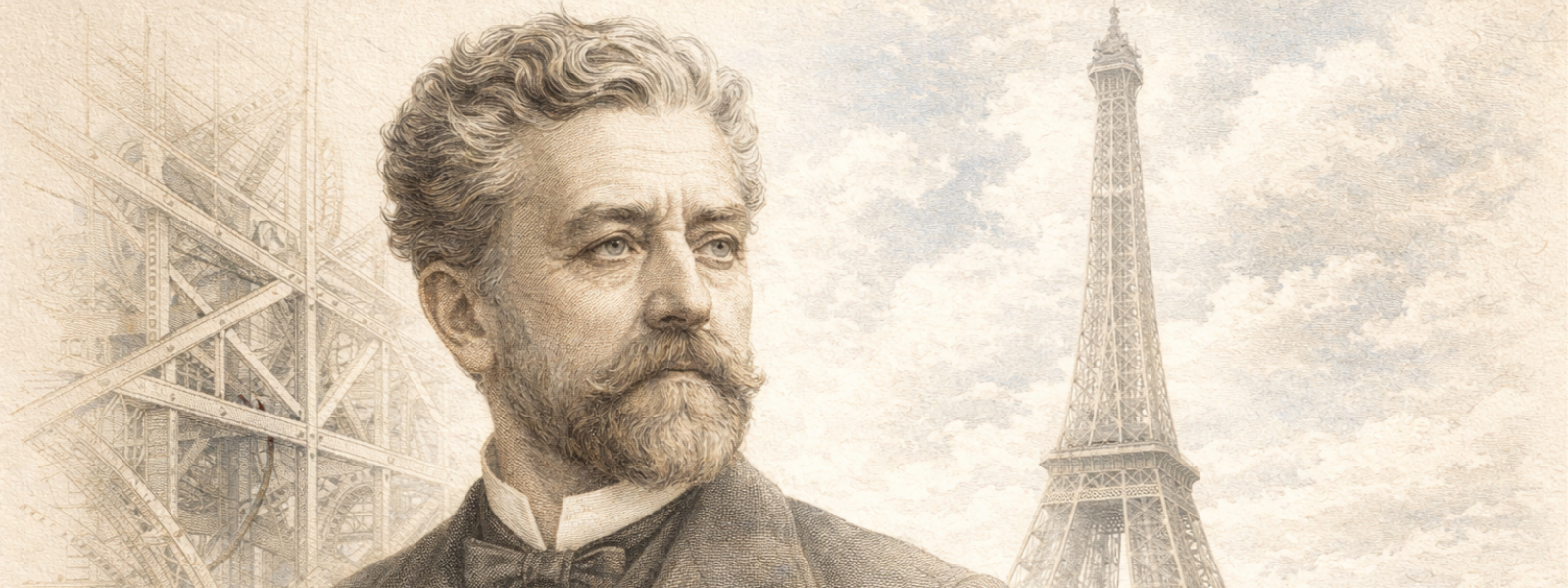AI-generated engraving-style portrait of Gustave Eiffel with the Eiffel Tower and iron structure details in the background