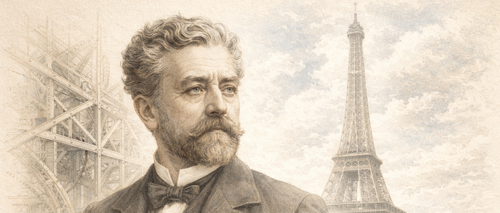AI-Generated Engraving Portrait of Gustave Eiffel with the Eiffel Tower AI-generated engraving-style portrait of Gustave Eiffel with the Eiffel Tower and iron structure details in the background