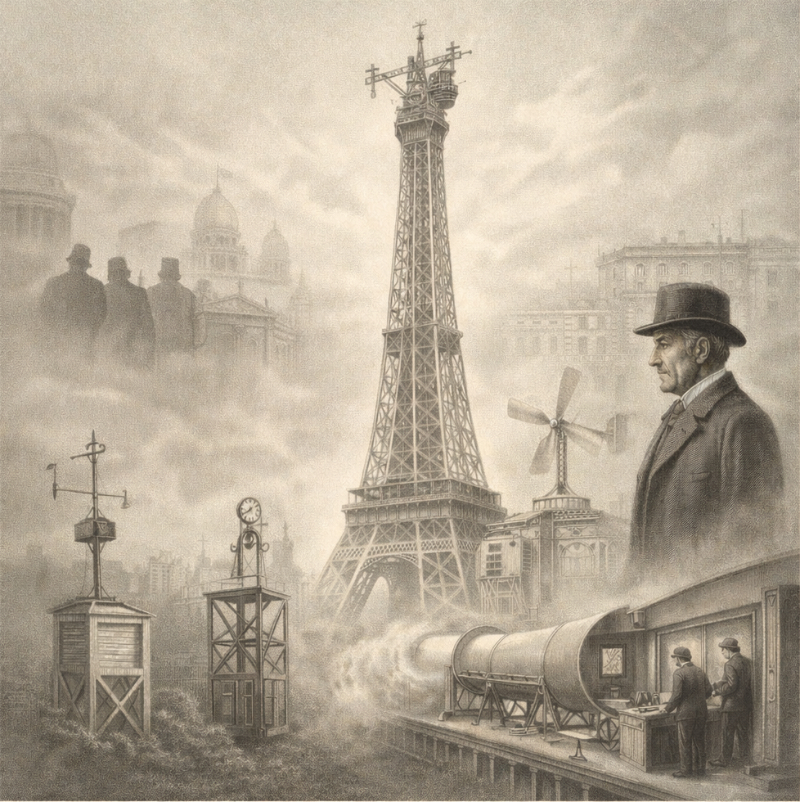 AI-generated square historical illustration showing the Eiffel Tower as a scientific instrument, with meteorological stations, wind experiments, and Gustave Eiffel in a muted archival style
