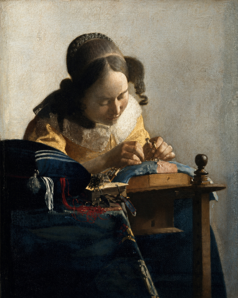 AI-generated painting of a young woman making lace at a table in soft natural light.