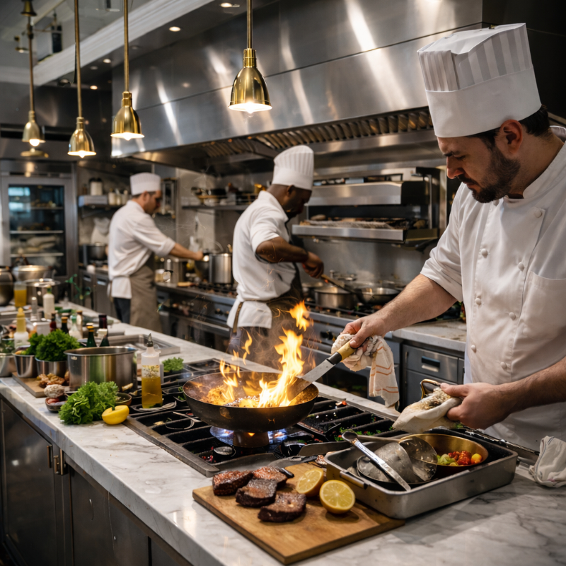 AI-generated luxury brasserie kitchen during service AI-generated luxury brasserie kitchen during daytime service with three professional chefs cooking in a clean high-end stainless steel restaurant kitchen