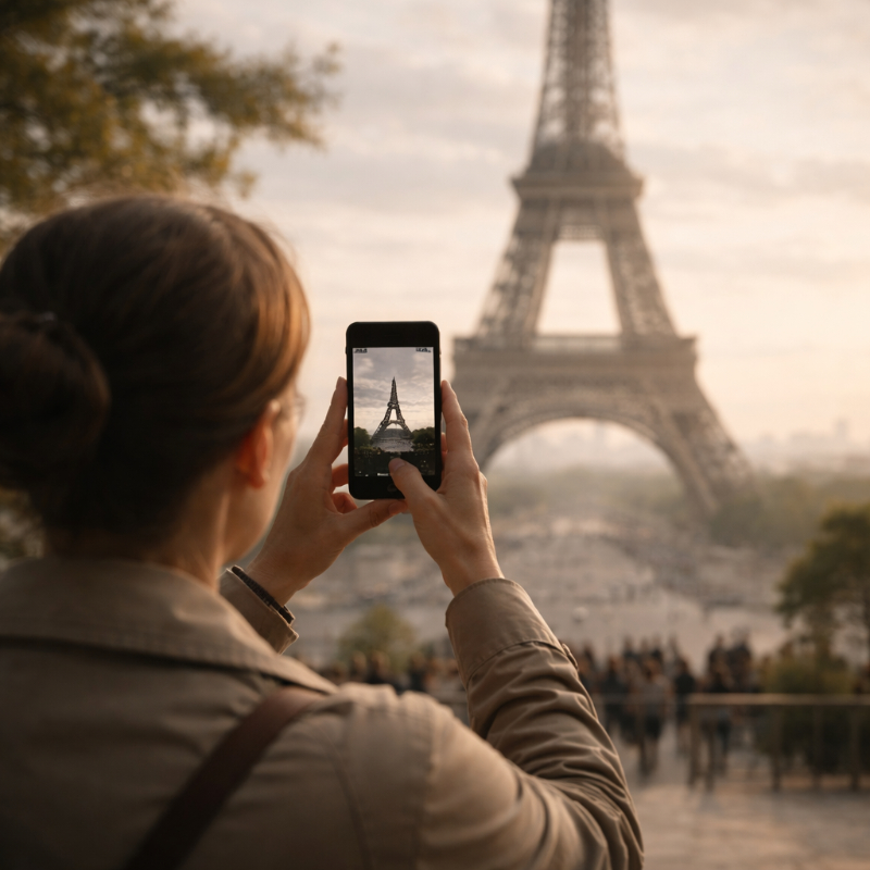 AI-generated editorial image of a visitor photographing the Eiffel Tower AI-generated square image of a person photographing the Eiffel Tower with a smartphone from a Paris viewpoint