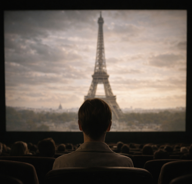 AI-generated editorial image of a cinema viewer watching the Eiffel Tower on screen AI-generated square image of a person sitting in a cinema while the Eiffel Tower is projected on the movie screen