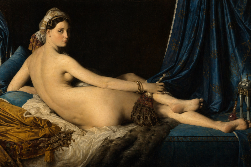 AI-generated classical painting of a reclining nude woman on draped bedding, looking toward the viewer in an elegant interior.